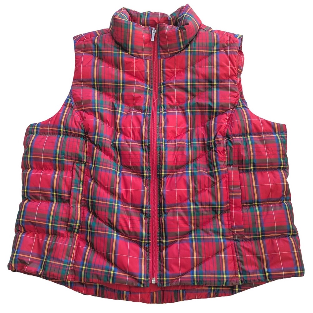 Lands' End Womens Red Tartan Plaid Down Puffer Vest Size 1X/P 16W-18W Full Zip